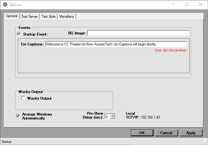 general tab of the options window