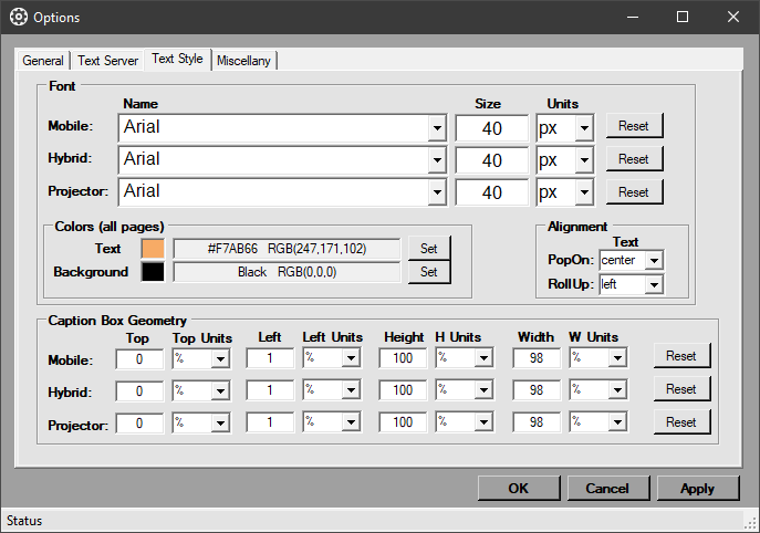 text style tab of the options window